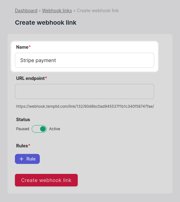 Create the name for your Webhook link